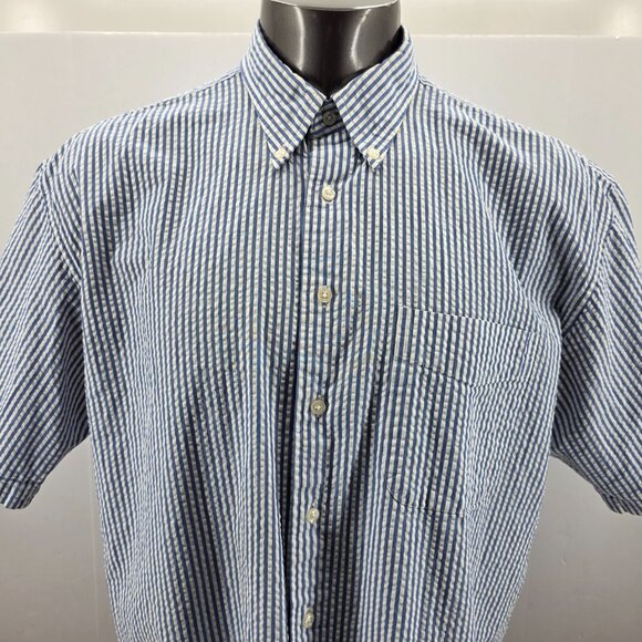 Jos A Bank Stays Cool Button Down Seersucker Shirt XL Blue White Striped Mens - Picture 12 of 12